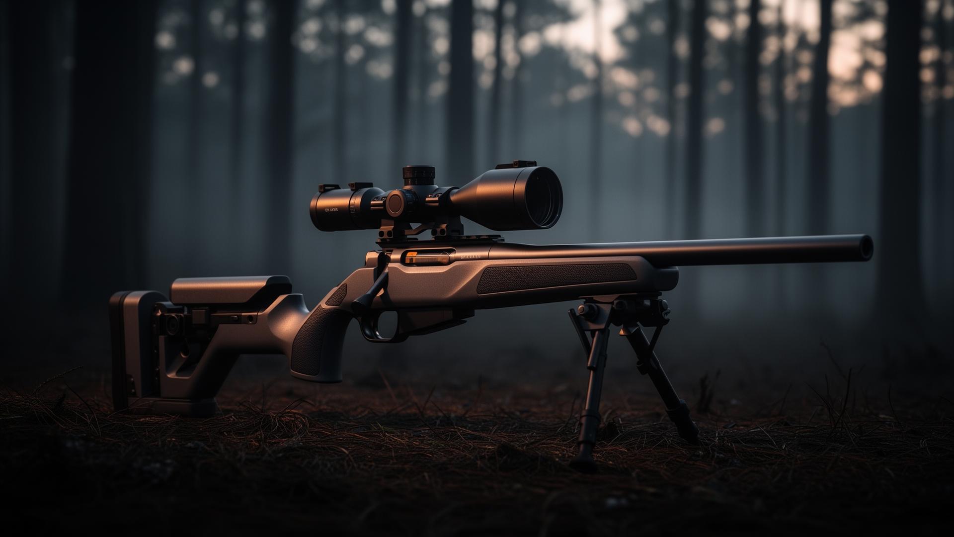Precision long-range rifle in East Texas pine forest at dusk