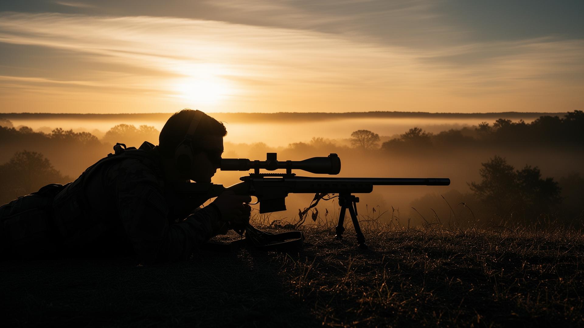 Precision shooter prone behind long-range rifle at dawn
